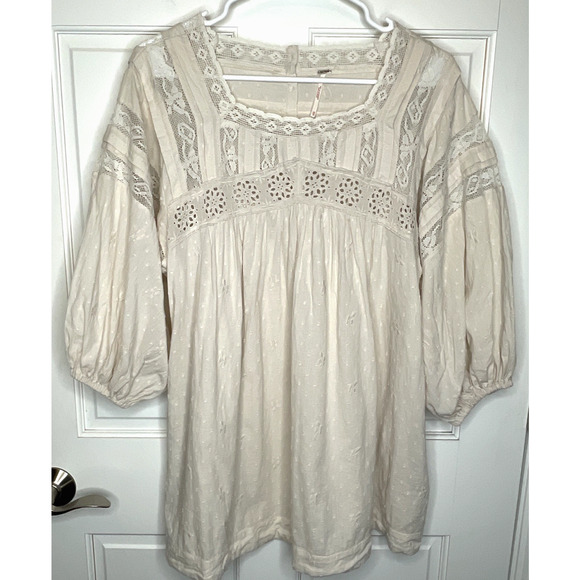 Free People Women's Azalea Lace Tunic Top Blouse Sz XS Oversized Boho Peasant - Picture 1 of 16